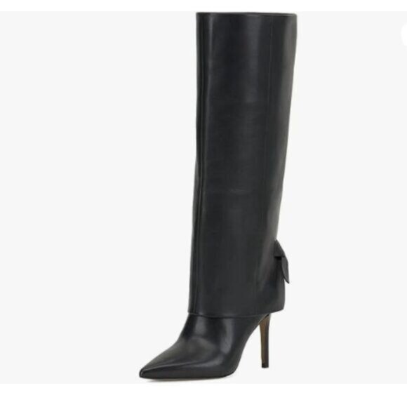 Pazzion Womens Retro Closed Pointy Toe Fold Over Knee High Boots Stilettos Black - Picture 1 of 8